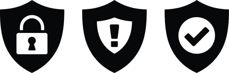 Poster - Three black shields displaying a padlock, an exclamation point and a check mark on a white background