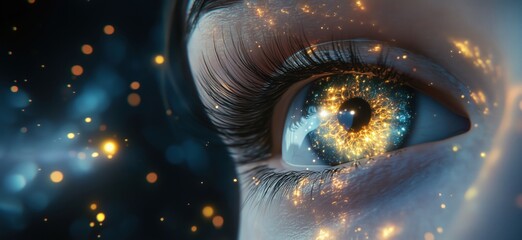 Poster - Close-up of human eye with cosmic sparkles and glowing patterns in iris