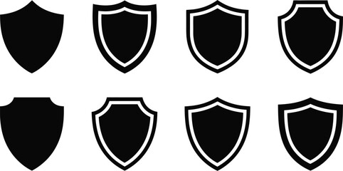 Poster - Eight shield icons in black and white with varying designs arranged in a rectangular grid format