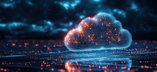 Poster - Digital cloud network with glowing connections and data visualization in futuristic environment