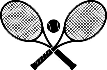 Two tennis rackets with a tennis ball in the middle. The rackets are crossed over each other

