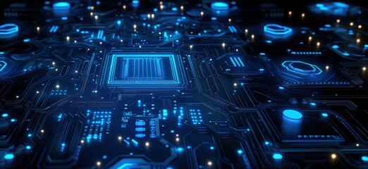 Poster - Futuristic circuit board with glowing blue lights and intricate electronic components