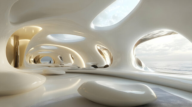 Futuristic white architectural cavern interior design with ocean view and smooth lines