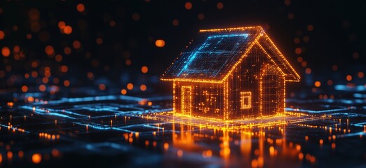 Aufkleber - Digital representation of a house in glowing neon lights on a futuristic grid background