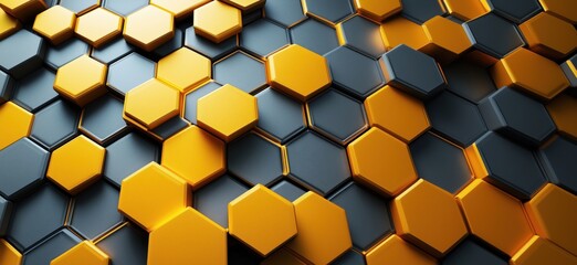 Poster - Hexagonal pattern of metallic gold and gray tiles creating a modern 3D texture