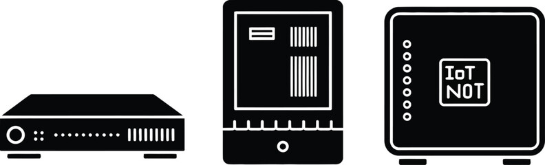 Aufkleber - Three black electronic devices including a router a tablet and an iot not device on white background