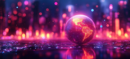Poster - Glowing Earth Globe with Neon Cityscape Background and Vibrant Lights