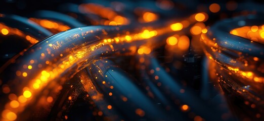 Poster - Glowing orange cables intertwined in abstract digital network design