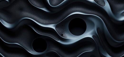 Poster - abstract dark textured surface with flowing waves and circular voids