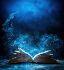 Poster - Magical open book with glowing blue smoke and sparkling particles in dark background