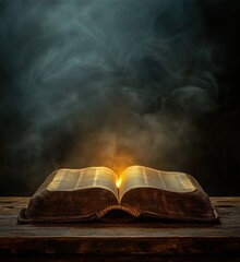 Poster - Open ancient book glowing with mystical light and smoke on wooden table