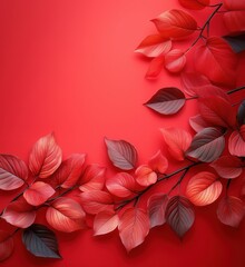 Poster - Vibrant Red Leaves Against Bold Red Background for Autumn Aesthetic