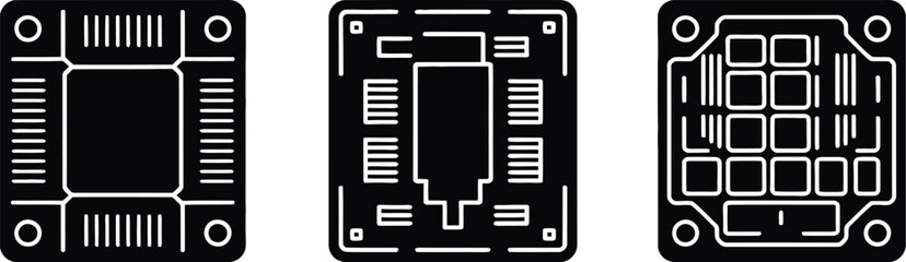 Poster - Three black and white illustrations of different computer chips on a plain white background view from above