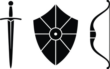 Poster - A black and white illustration of a sword, shield, and bow and arrow on a white background design