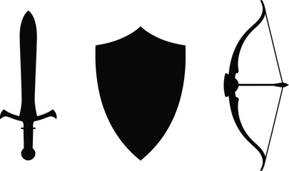 Poster - A black silhouette of a sword shield and bow and arrow on a white background in a simple illustration