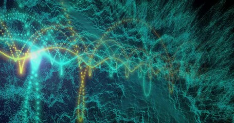 Poster - Signal cluster emerging from dark particle mesh unfolding into sine waves visualizing data flow