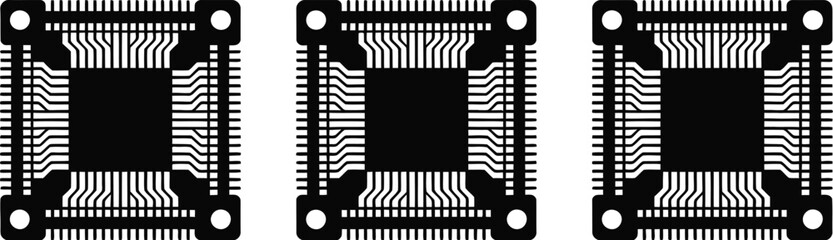 Poster - Three black microchips arranged in a row on a white background creating a symmetrical composition