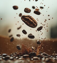 Poster - Coffee beans splashing in water creating dynamic and artistic visual effect
