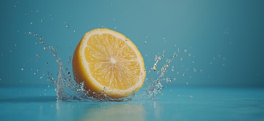 Poster - Fresh lemon slice splashing in water against vibrant blue background