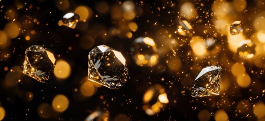 Poster - Shimmering diamonds floating in golden bokeh background with sparkling effects