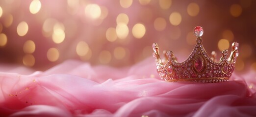 Poster - Elegant golden crown adorned with jewels on soft pink fabric with bokeh background