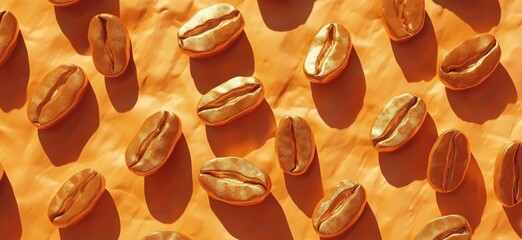 Poster - Golden coffee beans on vibrant orange background creating a warm and inviting atmosphere