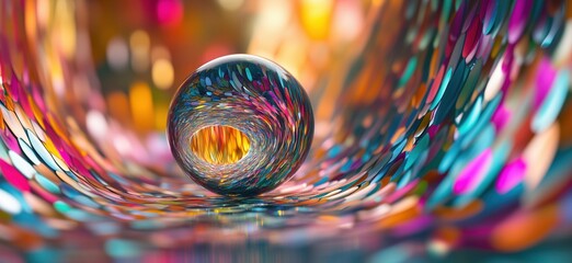 Poster - Colorful abstract tunnel with reflective sphere in vibrant hues and patterns