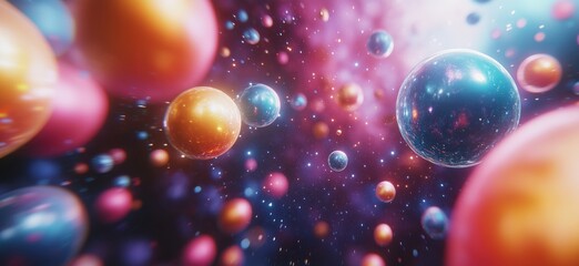 Poster - Colorful abstract cosmic scene with floating spheres and vibrant nebula background