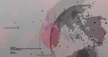 Poster - After one second neon padlock popping over globe, filling rings, pulsing with code for security