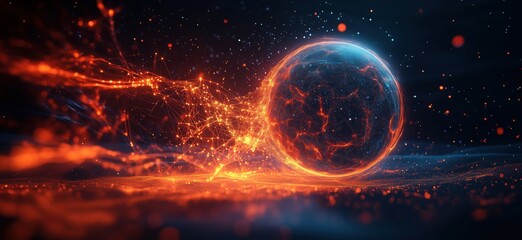 Poster - Glowing Sphere Surrounded by Energetic Particles and Light Trails in Dark Space