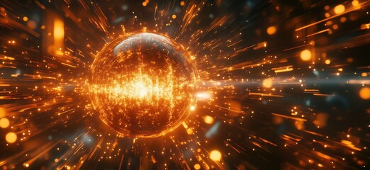 Poster - Glowing Energy Sphere Surrounded by Dynamic Light Trails and Particles