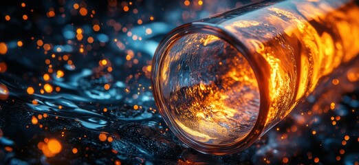 Poster - Liquid fire in glass tube with glowing orange sparks and water reflections