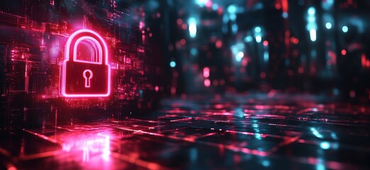 Poster - Digital lock symbol glowing in neon lights on futuristic cyber background