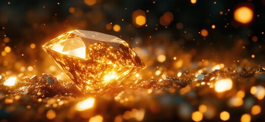 Poster - Glowing golden diamond surrounded by sparkling gems and glittering particles