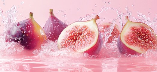 Poster - Fresh figs splashing in water with pink background creating vibrant fruit imagery