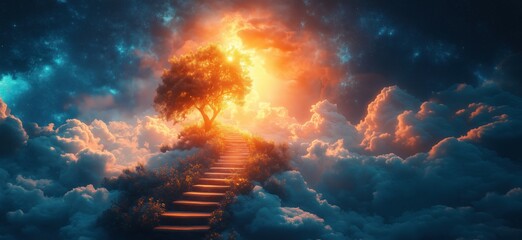 Poster - Stairway to a glowing tree in a surreal cloudscape at sunset