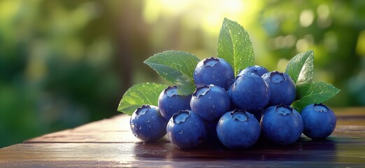 Poster - Fresh blueberries with dew on wooden table surrounded by green foliage