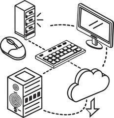 Poster - Cloud computing concept vector illustration: hand-drawn sketch of business technology with computer, money, and building icons