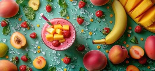 Poster - Colorful fruit smoothie with strawberries, mango, bananas, and fresh mint on teal background