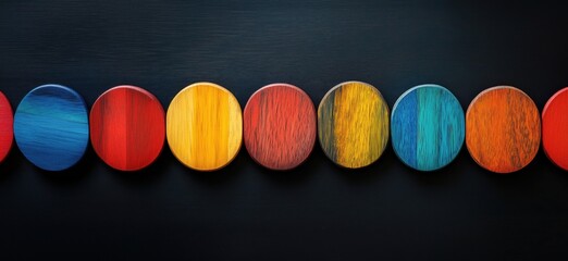 Poster - Colorful wooden discs arranged in a vibrant pattern on dark background