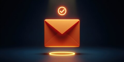 Poster - A glowing orange envelope with a checkmark icon above it, symbolizing a successful email or message delivery.