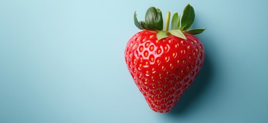 Poster - Fresh red strawberry on blue background showcasing vibrant color and texture