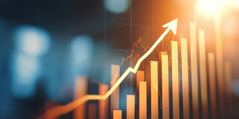 Poster - rising bar graph with an upward arrow, symbolizing growth, success, and positive financial or busine