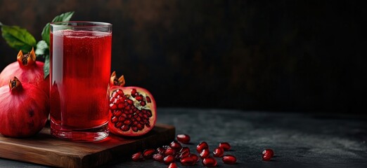 Poster - Refreshing pomegranate juice in glass with whole and sliced pomegranates on wooden board