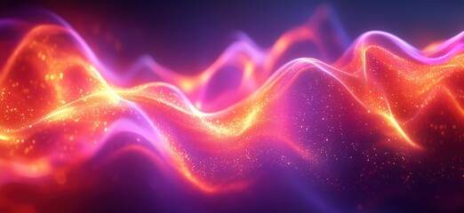 Poster - Abstract glowing waves with vibrant colors and sparkling particles in digital art