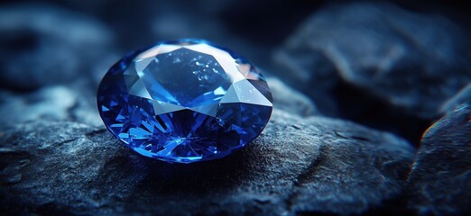 Poster - Stunning blue gemstone resting on textured dark surface with intricate facets