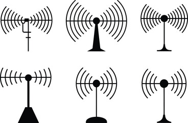 Poster - A set of six different black antenna icons with signal waves on a white isolated background image design