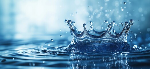 Poster - Water splash crown in blue tones with droplets and ripples creating dynamic effect