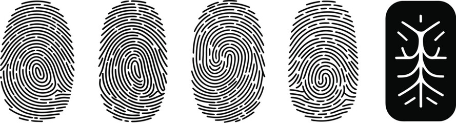 Poster - Five graphic elements on a white background consisting of four fingerprints and a tree icon in black