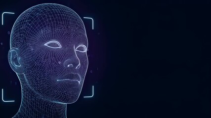 Poster - Wireframe human head with scanning frame demonstrating biometric facial recognition on dark background. Digital artificial intelligence security and technology concept animation.